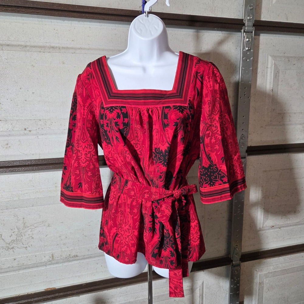 Y2k Whimsigoth Tie Red Black Paisley Square Neck Belted Blouse 3/4 Sleeve Top